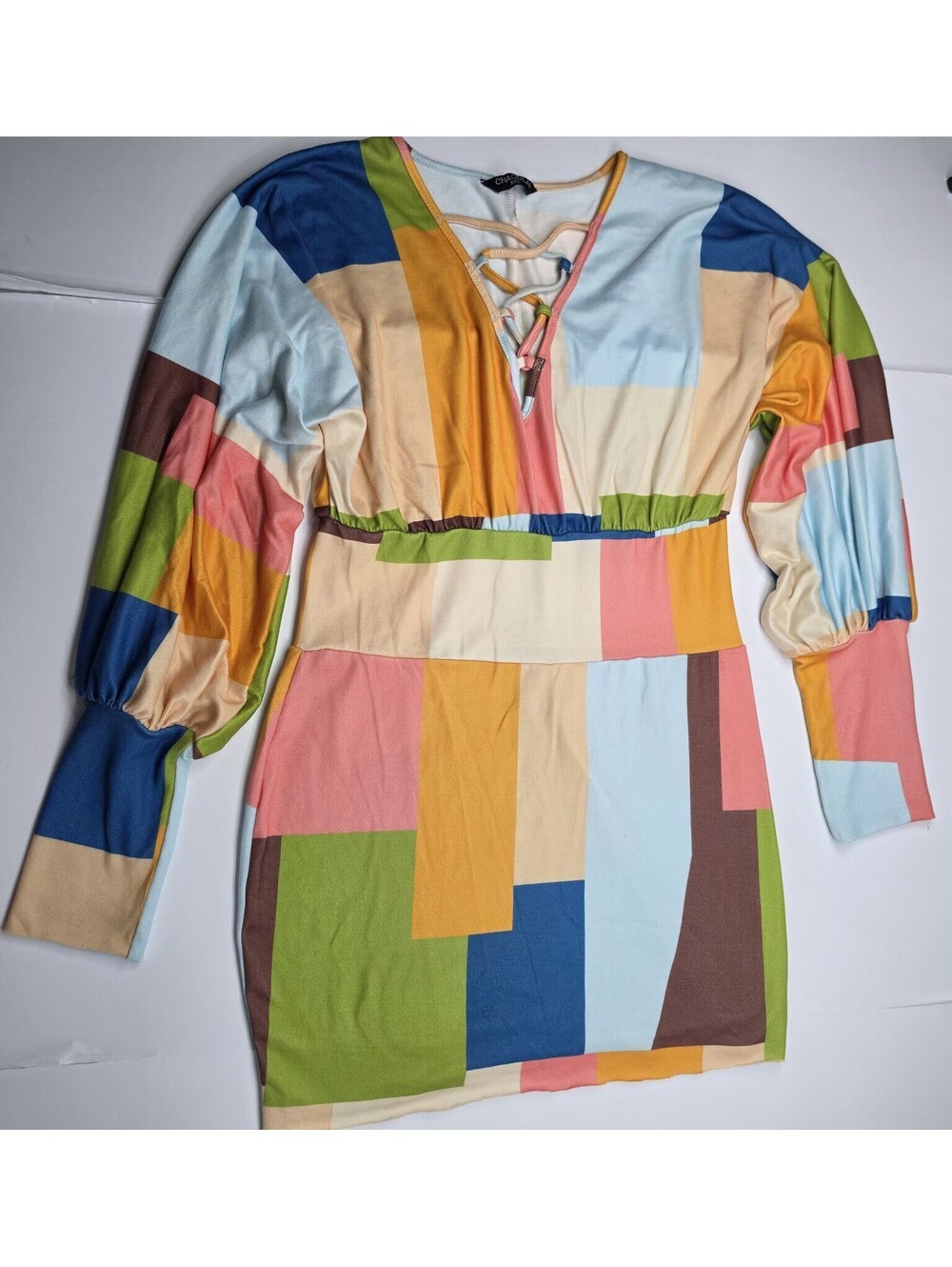 CHAOLILAI Womens XXL Mini Dress Multicolor Colorblock Lace Up V-Neck Long Sleeve